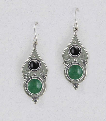 Sterling Silver Yellow Jade And Black Onyx Gemstone Drop Dangle Earrings